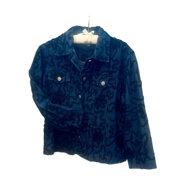 Rebecca Malone jacket, Petite LG, denim with textured floral embroidery - Picture 1 of 4